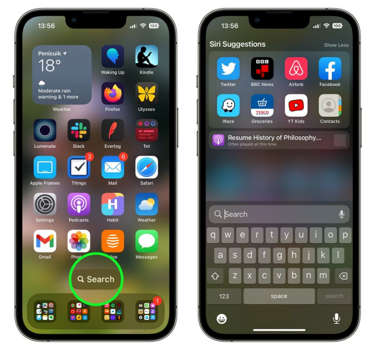 包头苹果手机维修分享升级到 iOS 16 后，如何删除主屏幕上的搜索按钮 