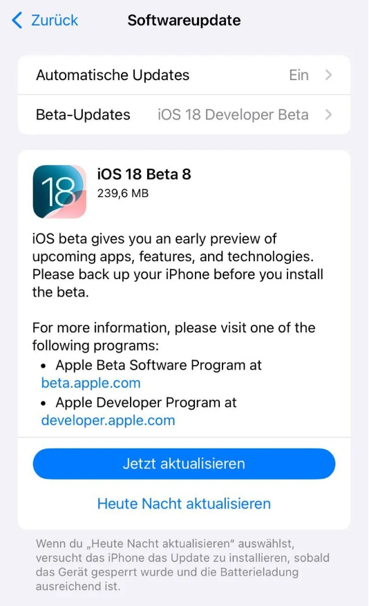 包头苹果手机维修分享苹果 iOS / iPadOS 18 开发者预览版 Beta 8 发布 